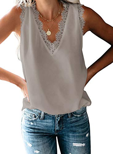 Dokotoo Womens Vests Tops V Neck Sleeveless Tank Top for Women Summer Ladies Camisole T-Shirts Fashion Women's Camisoles Lace Trim Chiffon Blouses Shirts Vest Gray UK L 14-16