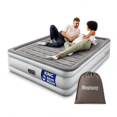 Bestway TriTech King Size Airbed, Airbed with Built-in Electric Pump, Fast Inflation, Wave Beam Support Mattress with Storage Bag, Grey