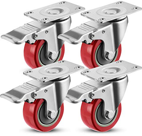 Meditool 4 Ruedas Pivotantes,400KG 75mm,Ruedas para Muebles,Ruedas Giratorias para Muebles con Freno, con Placa de Montaje (Rojo)