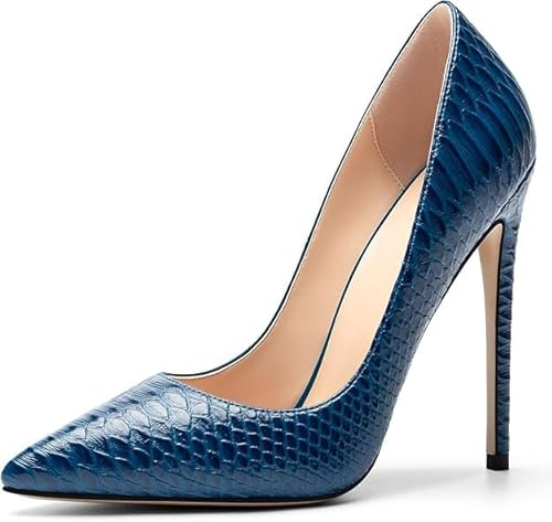Mettesally Women's Pointed Toe Stiletto Blue High Heels for Women Closed Toe Pump Court Shoes 12cm Snakeskin Leather Evening Party Ladies Shoes UK Size 12