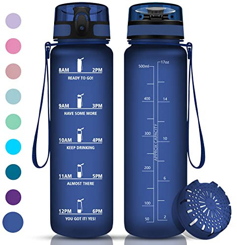 Vikaster Bouteille d'eau,Gourde sport en Tritan BPA free,Gourde Sport,Étanche & Réutilisable,avec Filtre et Marqueur Temps,Bouteille sport vélo,Gym,enfants,sport Bleu Marine Mat -500 ml