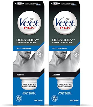 Veet Men Crema Depilatoria Uomo per Ascelle per Pelli Sensibili con Applicatore Ergonomico, Dermatologicamente Testata, 2x100 ml