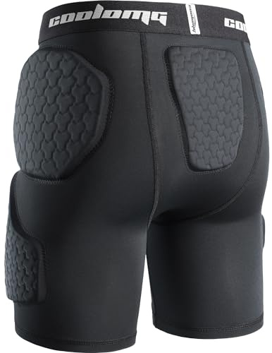 COOLOMG Youth 5 Pad Football Girdle Padded Football Compression Shorts with Cup Pocket Integrated Hip Tailbone Thigh Pads Black M