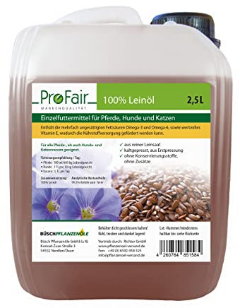 2,5L Leinöl kaltgepresst, 100% aus Reiner Leinsaat, ohne Zusätze, Einzelfuttermittel für Pferd, Hund und Katze