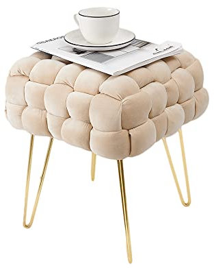 Zedelmaier Moderner Velvet Kosmetik Hocker, Quadratisch Ottoman-Fußhockermit goldfarbenen Metallbeinen, Gepolsterte Sitzhocker,Strick Samt Hocker (Beige, 38x38x41.5cm)