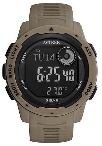 AVTREK Montre numérique étanche pour sports de plein air, montre militaire avec podomètre, altimètre, boussole – Parfait pour hommes, femmes et adolescents (marron)