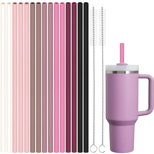 Tomorotec Lot de 15 pailles réutilisables en silicone de 31 cm avec brosses de nettoyage pour gobelets Stanley de 1200 ml, 850 ml, 591 ml, sans bruit, sans BPA, en silicone de qualité alimentaire,