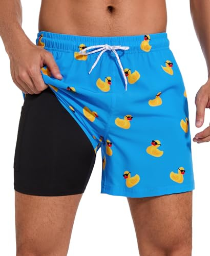 Aueyan Herren-Badehose, 14 cm, mit Kompressionsfutter, Reißverschlusstaschen, schnell trocknend, lustig, Strand-Shorts, Ente, XL