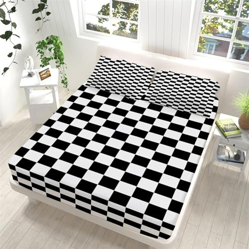 3D Spannbettlaken 90x200 Schwarz-Weiß Kariert Bettlaken Weiches Atmungsaktiv Spannbetttücher Schwarz-Weiß Kariert Mikrofaser Spannbetttuch Tiefe Tasche 30 cm Mit 2 Kissenbezügen 80x80 cm aaa4018
