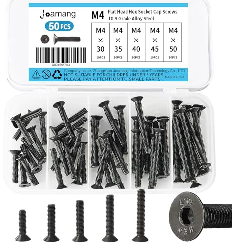 Joamang M4 x 30mm 35mm 40mm 45mm 50mm Flat Head Hex Socket Cap Screws Countersunk Bolts, 10.9 Grade Alloy Steel, Black Oxide Finish, Metric Allen Hex Drive, Fully Threaded, Assortment Kit 50Pcs