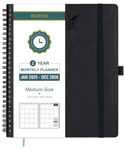 BEZEND Month to View Diary 2025-2026, Monthly Planner 2025-2026 (24 months) 22.9 x 20.3 cm - 120 GSM Thick Paper - Planner with Spiral Bound, Calendar with Tabs, Soft Cover - Black