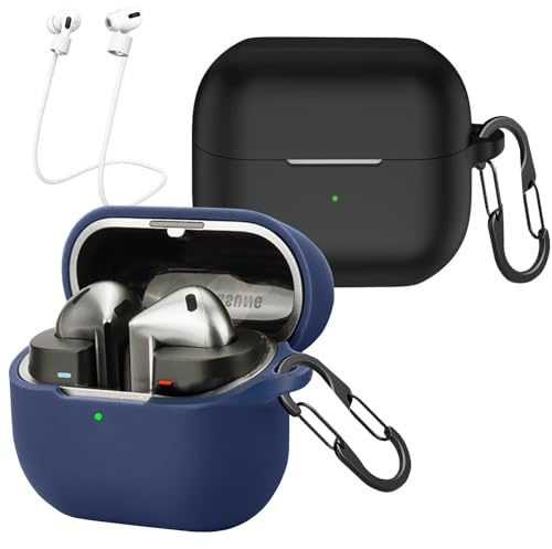 2-pack] easyBee fodral kompatibelt med Samsung Galaxy Buds3 FE/Buds 3/Buds 3 Pro, med 2 karbinhakar anti förlust remmar, silikon fodral stötsäkert skyddsfodral Bluetooth hörlursväska – svart blå