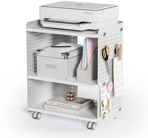 Fenge Druckertisch mit Rädern Mobiler Druckerhalter mit Pegboard 3 Ebene Druckerständer/Rollcontainer mit Organizer Regal Aktenschrank für Büro Zuhause 45,3x33,5x53,5cm (Weiß)