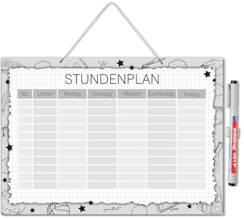 younikat Stundenplan im schwarz/weiß Design Hartschaumplatte I DIN A4 I zum Schulanfang I abwischbar I wiederbeschreibbar I zum Aufhängen I dv_1454