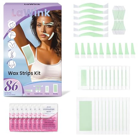 LaWink Strisce di cera fredda per la depilazione, 86 strisce, 6 salviette lenitive con olio per la rimozione dei peli del viso, strisce brasiliane per la ceretta del corpo, per bikini, strisce di cera