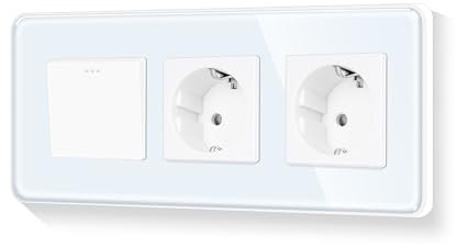 LIAONFOY Runde Schuko 1 Fach 1 Weg Unterputz Lichtschalter mit Doppel Steckdose Glasrahmen Wandsteckdose Weiß 110-250V 228mm