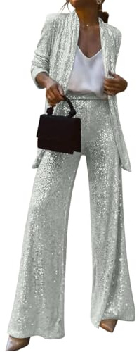 shownicer Completo da Donna in Due Pezzi con Paillettes Elegante Tailleur Pantaloni e Giacca da Completo Blazer a Maniche Lunghe Tuta A Bianco S