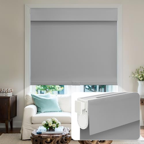 Keego Cordless Roller Blinds Easy Install No Tools No Drill Blinds for Windows Waterproof Blackout Shades for Kitchen Bedroom Bathroom Living Room (Fog Grey, Custom Size)