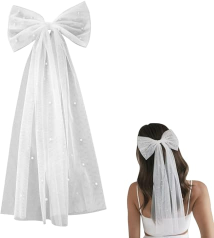 Bride Veil Hen Party Accessories,Wedding Bridal Bride to be Veils White Hair Bow Pearl Clip Large Bows Headband Hen Do Pearls Lace Soft Fabric Decorations for Bachelorette Communion Women's Bridesmaid