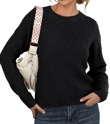 GRECERELLE Suéter de punto de manga larga para mujer, cuello redondo, patrón geométrico, suéter de invierno, Negro, L