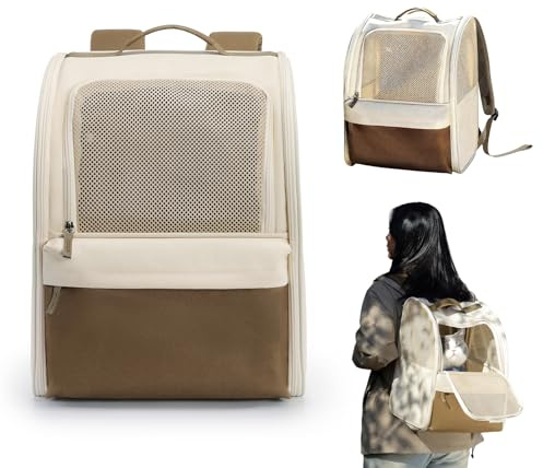 Mochila para gatos, perros para mascotas pequeñas de hasta 7,5 kg, mochila Oxford 600D con ventana de malla, bolsa portátil y plegable, transpirable, ligera para viajes al aire libre (beige-marrón)