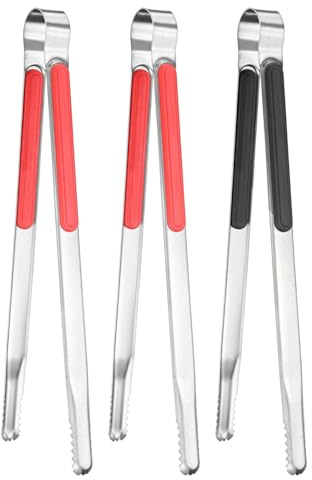 M METERXITY 3-Pack Grill Tongs, 11.6 Inch Non-Slip 410 Stainless Steel Locking Tongs for Cooking/Buffet/Outdoor Barbecue, Korean BBQ Tweezers Metal Clamp Tools [Red, Black]