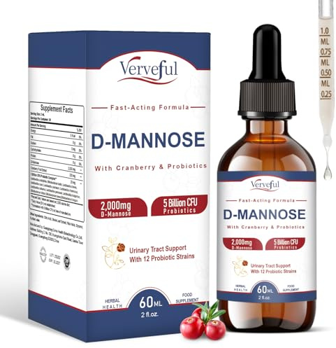 D-Mannose Drops Plus-2000 mg, 5 Billion CFU Probiotics and Pure Cranberry Juice Extract,Urinary Tract Health & Bladder Control - Healthy Gut Function,Sugar-Free,60ml