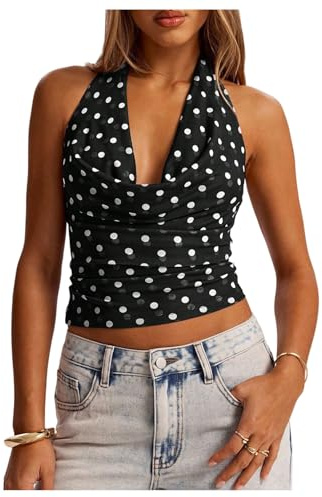 GORGLITTER Women's Mesh Polka Dots Halter Neck Tops Y2K Going Out Crop Top