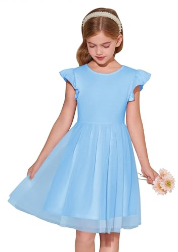 Haloumoning Robe d'été pour fille, manches à volants, col rond, couleur unie, robe de princesse, robe de princesse, robe en tulle pour fête, anniversaire, mariage, fête, tenue décontractée