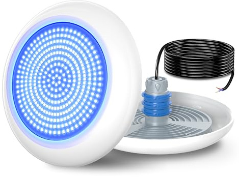 OSREE Foco LED Piscina con Rosca 1,5, 18W Lámpara Piscina Azul Puro No Regulable, 720lm, Ø242mm,12V AC/DC Relleno de Resina Luz Sumergible para Boquilla y Tubo para Piscinas Hormigón Escaleras