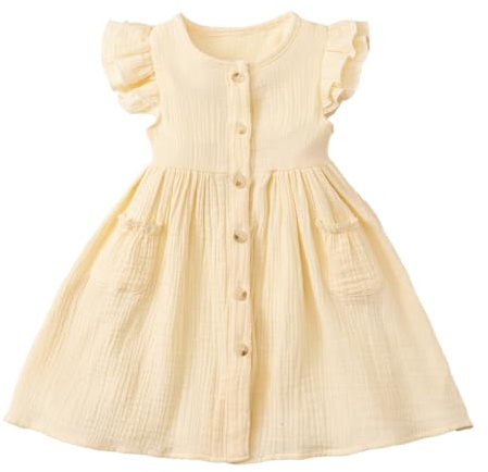 JENJON Vestito Estivo per Bambine Maniche a Volant Tinta Unita/Stampato Scollo Rotondo con Bottoni Casual Abito Estivi Casual a Linea A per Feste 2-6 Anni