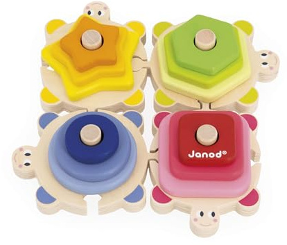 Janod - 4 Puzzles en Bois à Empiler Tortues - 12 Pièces à Empiler - Idéal Apprentissage Formes, Couleurs, Chiffres - Développement Motricité Fine - Dès 18 Mois