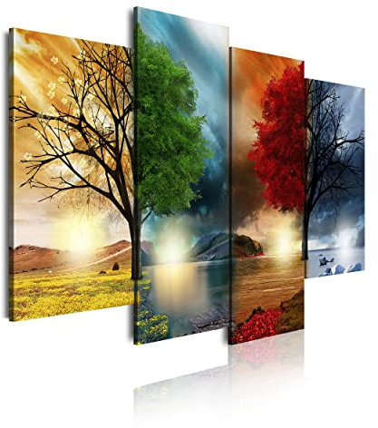 DekoArte 248 - Impression Sur Toile Moderne D'Images Artistiques Numérisées | Toile Décorative Pour Votre Salon Ou Votre Chambre | Style Paysage Quatre Saisons Arbres Rouges | 4 Pièces 120 x 85 cm