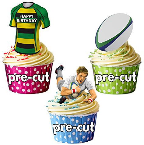 AK Giftshop PRECUT Happy Birthday Rugby Party Pack - Edible Cupcake Toppers/Cake Decorations Northampton Colours (Pack of 12)