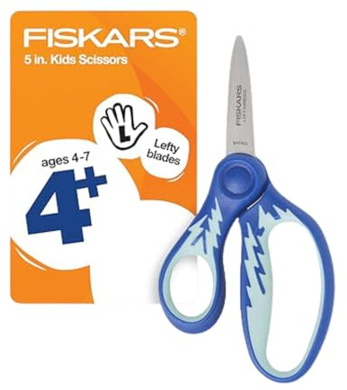 Fiskars 5 Left-Handed Softgrip Pointed-Tip Scissors for Kids 4-7 - Scissors for School or Crafting - Back to School Supplies - Blue Lightning