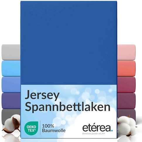 etérea Comfort Jersey Påslakan 100x200cm - 120x200 Oekotex Made in Green - 100% bomull, jersey, monterat lakan upp till 25 cm högt - lakan 100x200-120x200 cm blå