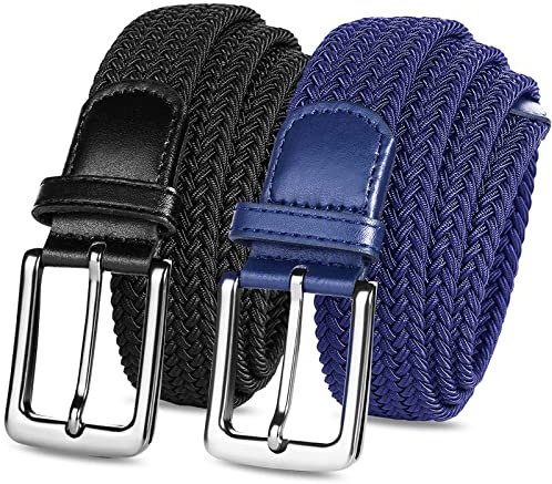 Golf Ceinture Unisex Elastic Tressé Ceinture pour hommes et femmes 2 Pack, Vintage Tissu Élastique Tissé Tressé Extensible pour Jeans Boucle Golf Sports (49''(125cm)Fits Waist 42''-46'', Noir+Bleu)