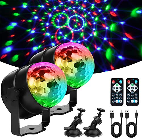 URAQT Luci Discoteca LED, 360 ° Ruotabile Musica Attivata Telecomando Luci da Festa con 4M Cavo USB, Telecomando e Ventosa, 7 RGBP Colori Fari per Illuminazione Palco per Car, Bar, Club, Festa (2 Pcs)