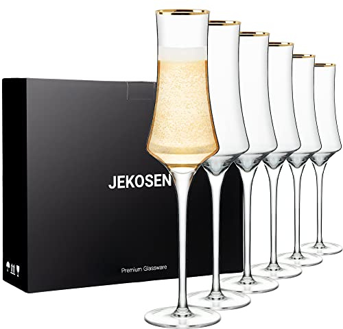 JEKOSEN NEW Champagne Flutes Glasses 8oz Set of 6 Clear Crystal Lead-Free Stemware Champagne Glass With Gold Rim