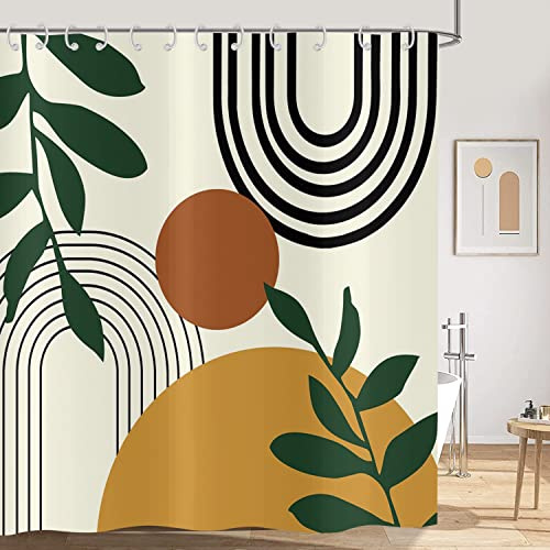 Hnmdmyi Duschvorhang Boho 180x180, Mid Century Abstrakt Bogen Sonne Grün Blätter Beige Badewanne Vorhang Modern Minimalistisch Ästhetisch Kunst Wasserdicht Polyester Stoff Waschbar Badevorhang