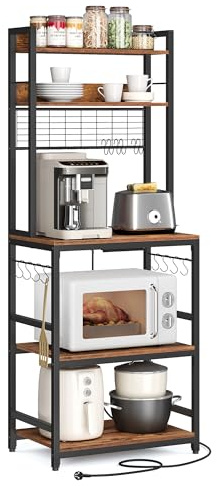 VASAGLE Étagère de Cuisine avec Multiprise, Support pour Micro-Ondes, Étagère de Rangement, avec Panneau Grillagé, 14 Crochets, 40 x 60 x 170 cm, Marron Rustique et Noir KKS037B01EU