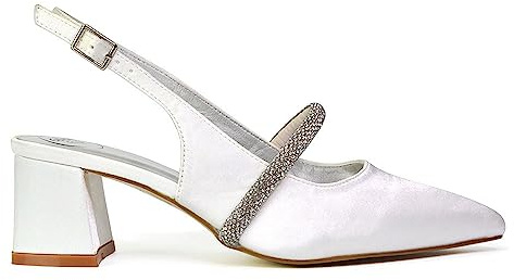 ESSEX GLAM Womens Low Heel Bridal Shoes Ladies Pull On Slingback Diamante Strap White Wedding Party Pointed Toe Courts Pumps Size 8