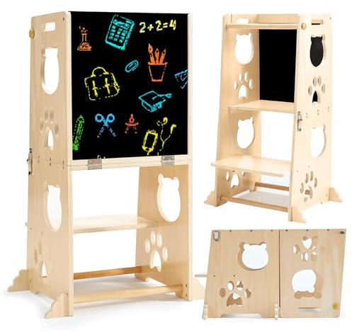 FOBIG Collapsible Toddler Kitchen Step Stool With Chalkboard, Safety Rail, and Standing Tower for Kids 1-3