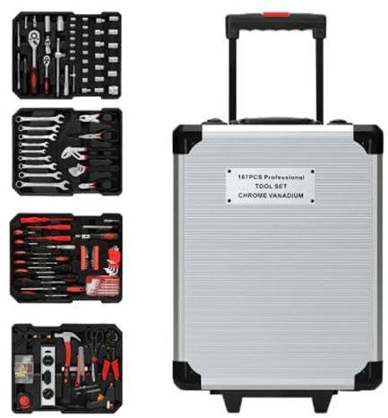 𝗠𝗮𝗹𝗹𝗲𝘁𝘁𝗲 𝗮 𝗢𝘂𝘁𝗶𝗹𝘀 𝟭𝟴𝟳 𝗣𝗖𝘀 𝗖𝗵𝗿𝗼𝗺𝗲 𝗩𝗮𝗻𝗮𝗱𝗶𝘂𝗺. Boite a Outils Complete avec Roulettes en Aluminium Étanche. Ensemble de Pièces de Réparation Manuelle.