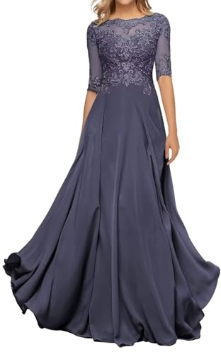 Sincemeet Abito da Madre della Sposa in Chiffon di Pizzo da Donna Abito da Sera Formale con Maniche a 3/4 Un Abito da Ballo di Linea