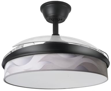 ABRILA - Ventilador DC MODA | Color Negro con tres Aspas Desplegables ABS y Difusor Ola Gris | 6 Velocidades Ajustables | 3 Temperaturas de Luz | con Temporizador y Mando a Distancia Incluido