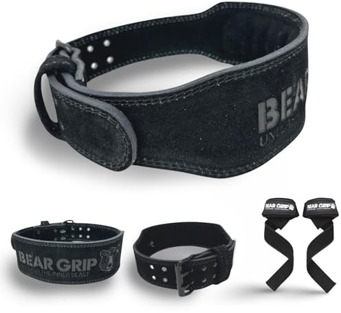 BEAR GRIP Weight Lifting Belt for Men & Women – Premium Suede Leather Gym Belt for Deadlifts, Squats - Double Prong Powerlifting Belt for Strength & Weight Training (Black, XS)