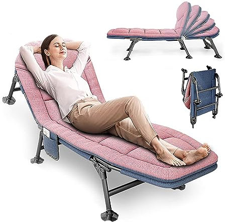 YUODIJIO Zusammenklappbares Campingbett | Tragbares Feldbett mit Kissen | Outdoor-Bett mit Seitentaschen | Reisebett mit Verstellbarer Rückenlehne | Bürobett | Gästebett (Rosa)