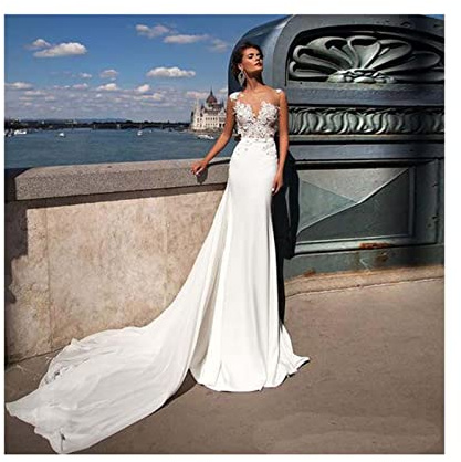 Abito da Sposa con Scollo a V Delle Donne, Senza Maniche in Pizzo Abito da Sera, WZEFEIO, Bianco, 6