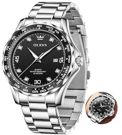 OLEVS Uhr Herren Silber mit Datum Moderne Edelstahl Armbanduhren für Herren Wasserdicht Mode Schwarz Großes Uhr Leuchtzeiger Diamant Zifferblatt Herren Uhr Metallarmband Schöne Geschenke Männeruhr